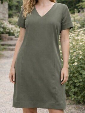 Theory Shift Dress Olive Green V-Neck Banded Short Sleeve Office Work Size 6